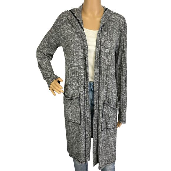 Zenergy Chico's 1 Vanya Hooded Rib Knit Long Cardigan Jacket Sweater Gray Size M - Picture 9 of 12